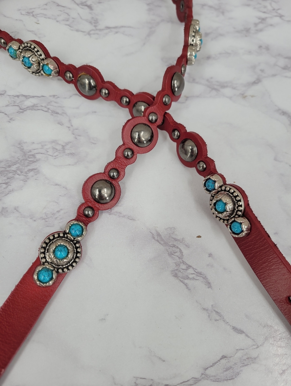 Old Trend Red Leather Faux Turquoise Concho Studded Belt Western - Picture 10 of 12